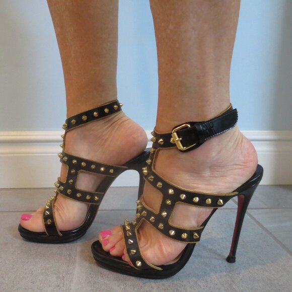 CHRISTIAN LOUBOUTIN Black and Gold Stud and Chain High Heel Sandals - Picture 3 of 9